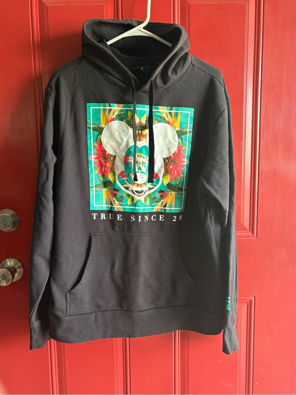 Men's Neff Black Graphic Hoodie with Tropical Mickey Design Size Large